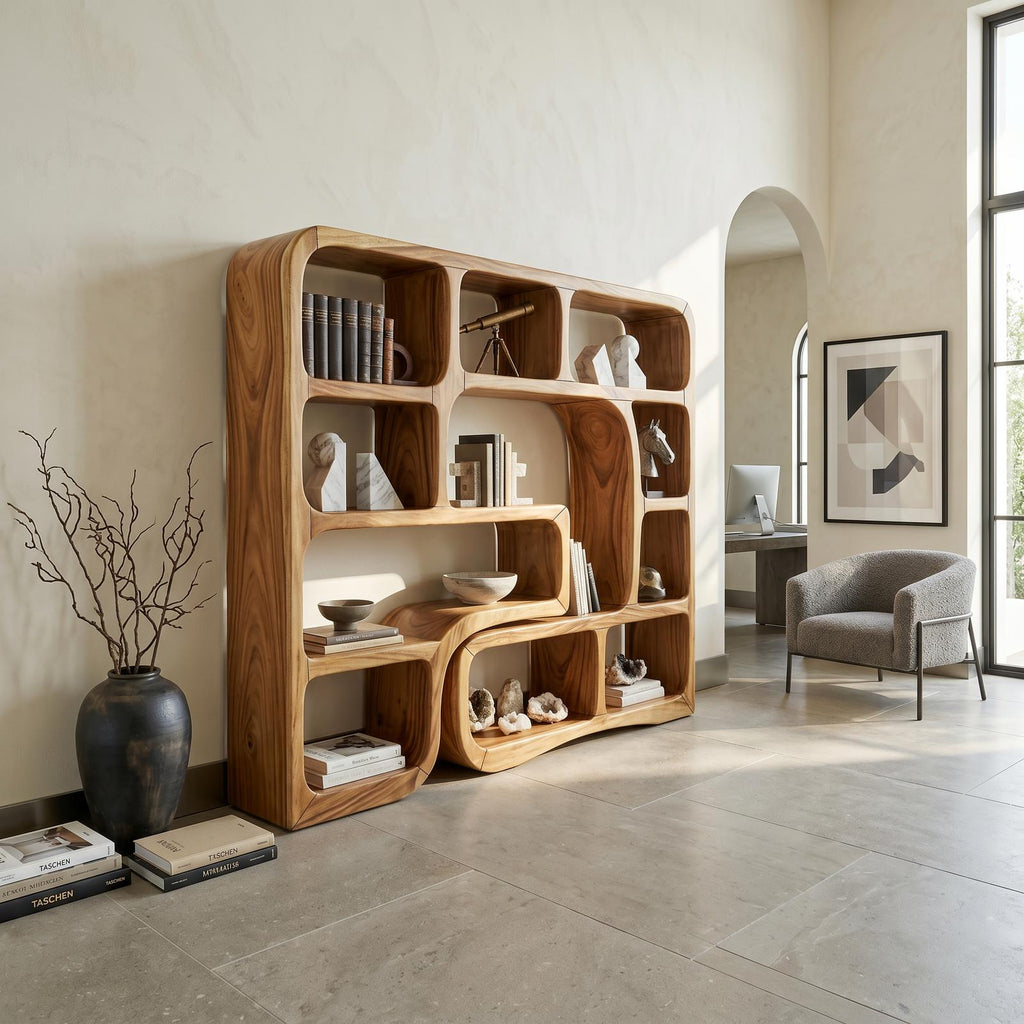Luxury Wooden Bookcase With Organic Wave Design