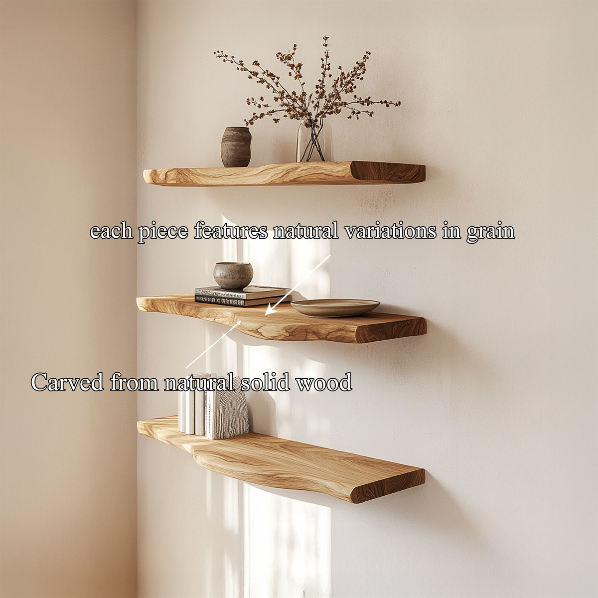 Rustic Sculptural Solid Wood Floating Shelf, Handcrafted Wall Mount Display, Statement Interior Design Wood Ledge