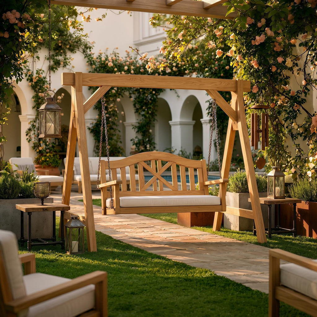 Mediterranean Wooden Swing Bench Villa Patio
