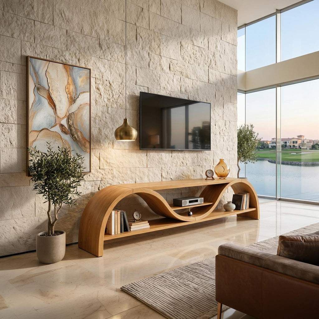 Contemporary Organic TV Stand, Handcrafted Wood Media Console Cabinet for Living Room