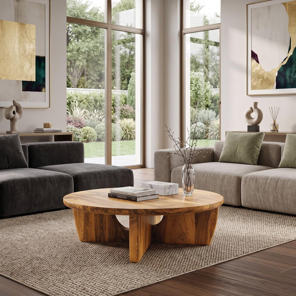 Round Wooden Coffee Table with Unique Pedestal Base, Modern Solid Wood Center Table for Living Room, Model