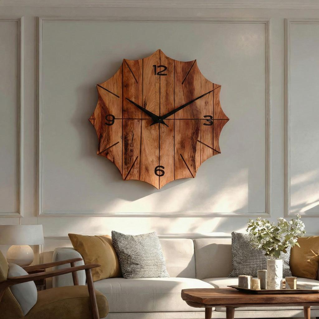 Organic Wooden Wall Clock, Handcrafted Solid Wood Floating Minimalist Timepiece for Living Room Decor