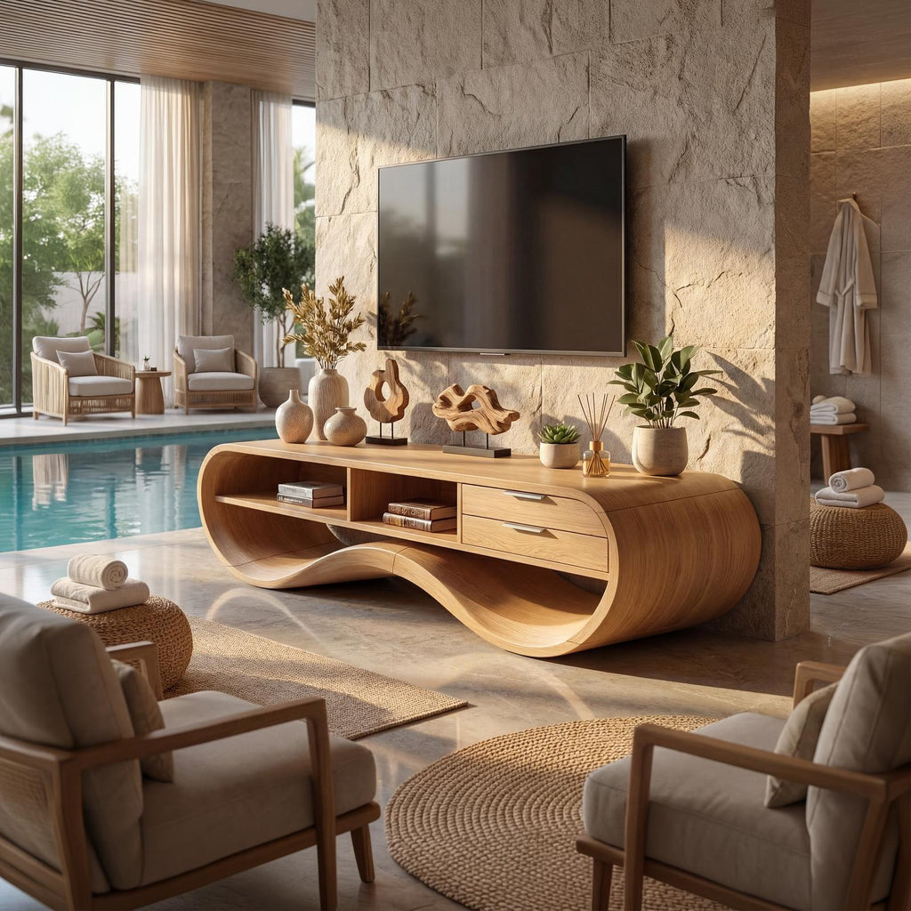 Modern Streamline Wood TV Cabinet, minimalist Media Console Credenza & Entertainment Center for Living Room