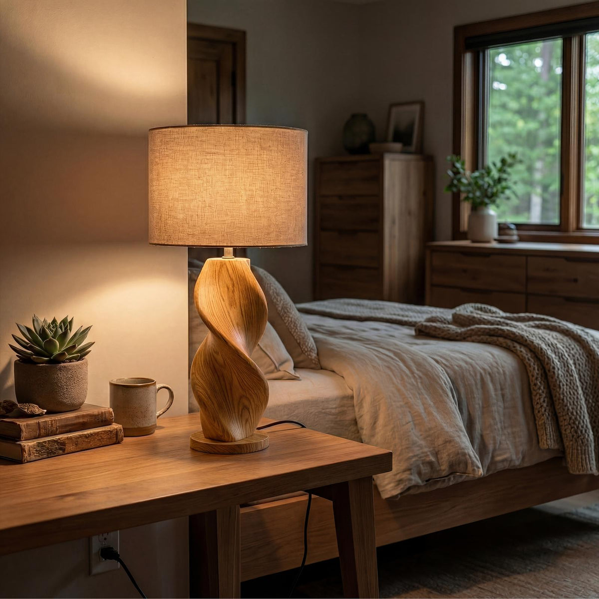 Japandi Decorative Table Lamp, Modern Wooden Accent Light for Living Room, Hallway & Bedside