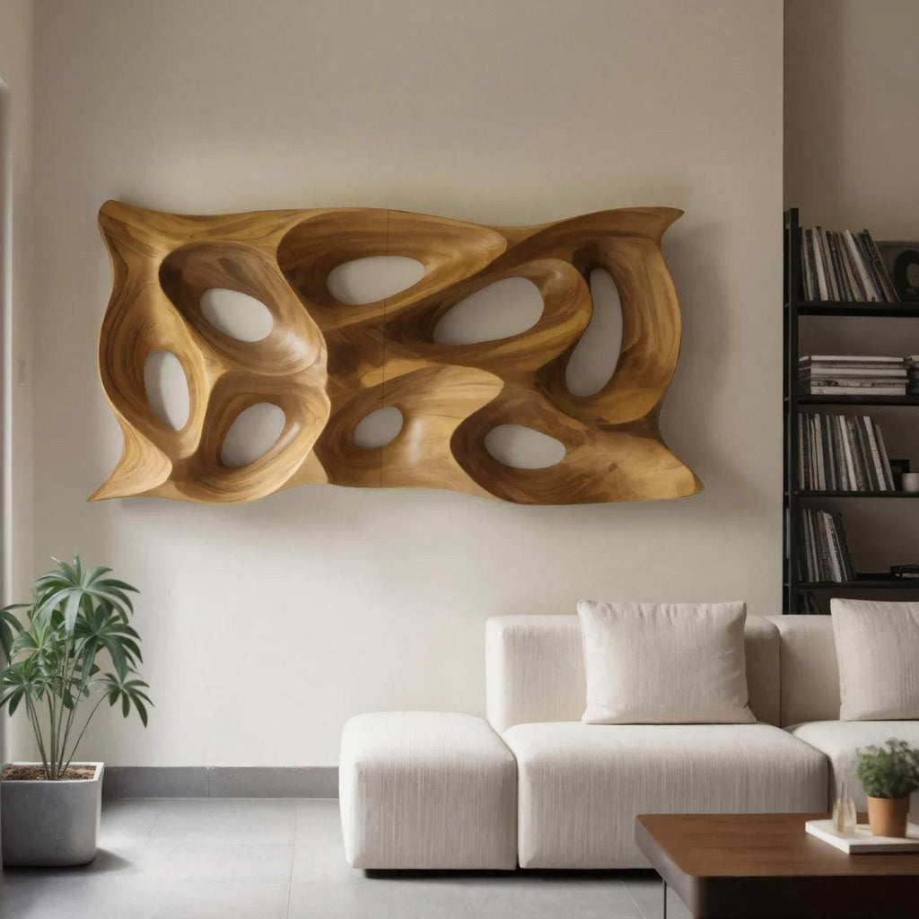 Modern Sculptural Wall Art, Abstract 3D Carved Wood Wall Sculpture Panel for Lounge & Living Room Decor