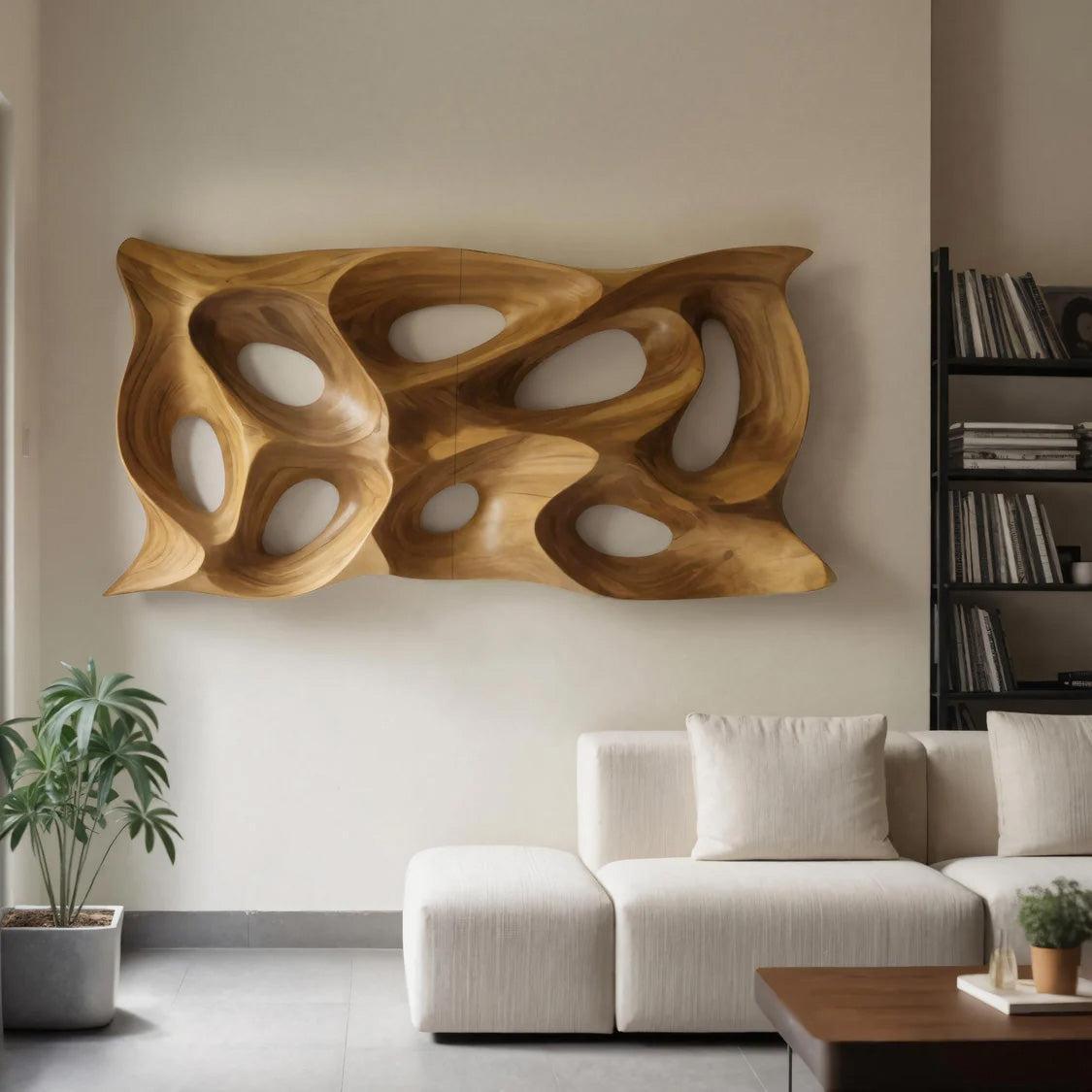 Modern Sculptural Wall Art, Abstract 3D Carved Wood Wall Sculpture Panel for Lounge & Living Room Decor