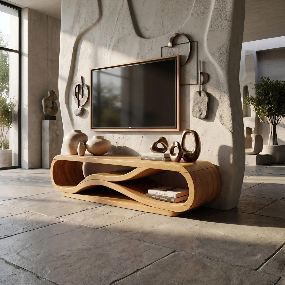 Modern Curved Wood TV Cabinet, Stylish Media Console Shelf & Entertainment Center for Living Room