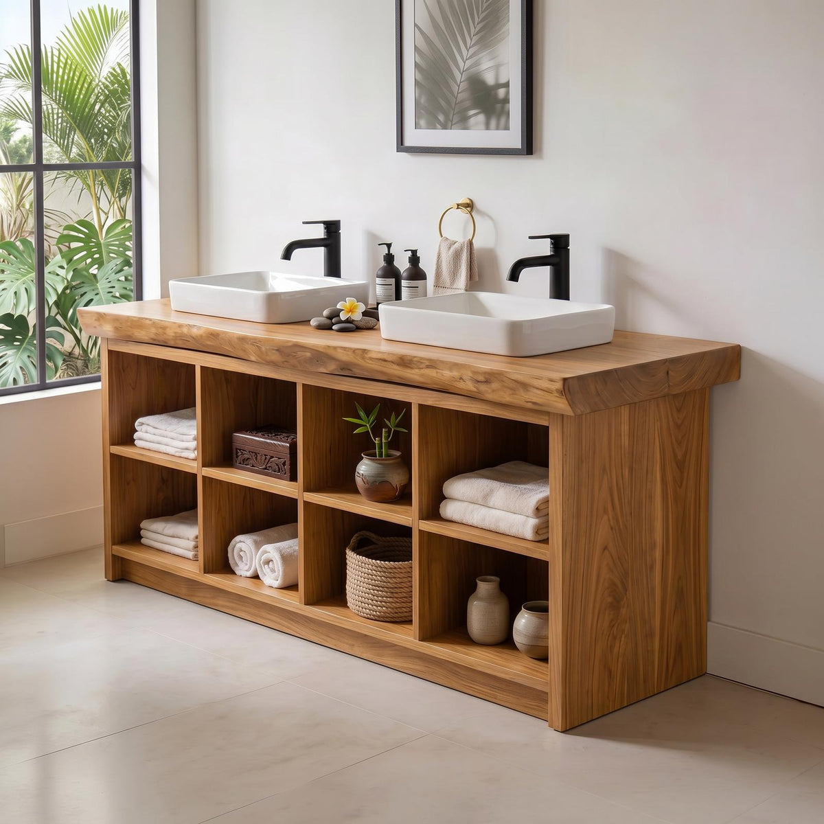 Double Sink Wood Bathroom Vanity with Open Shelves, Handcrafted Rustic Spa Style Solid Wooden Cabinet