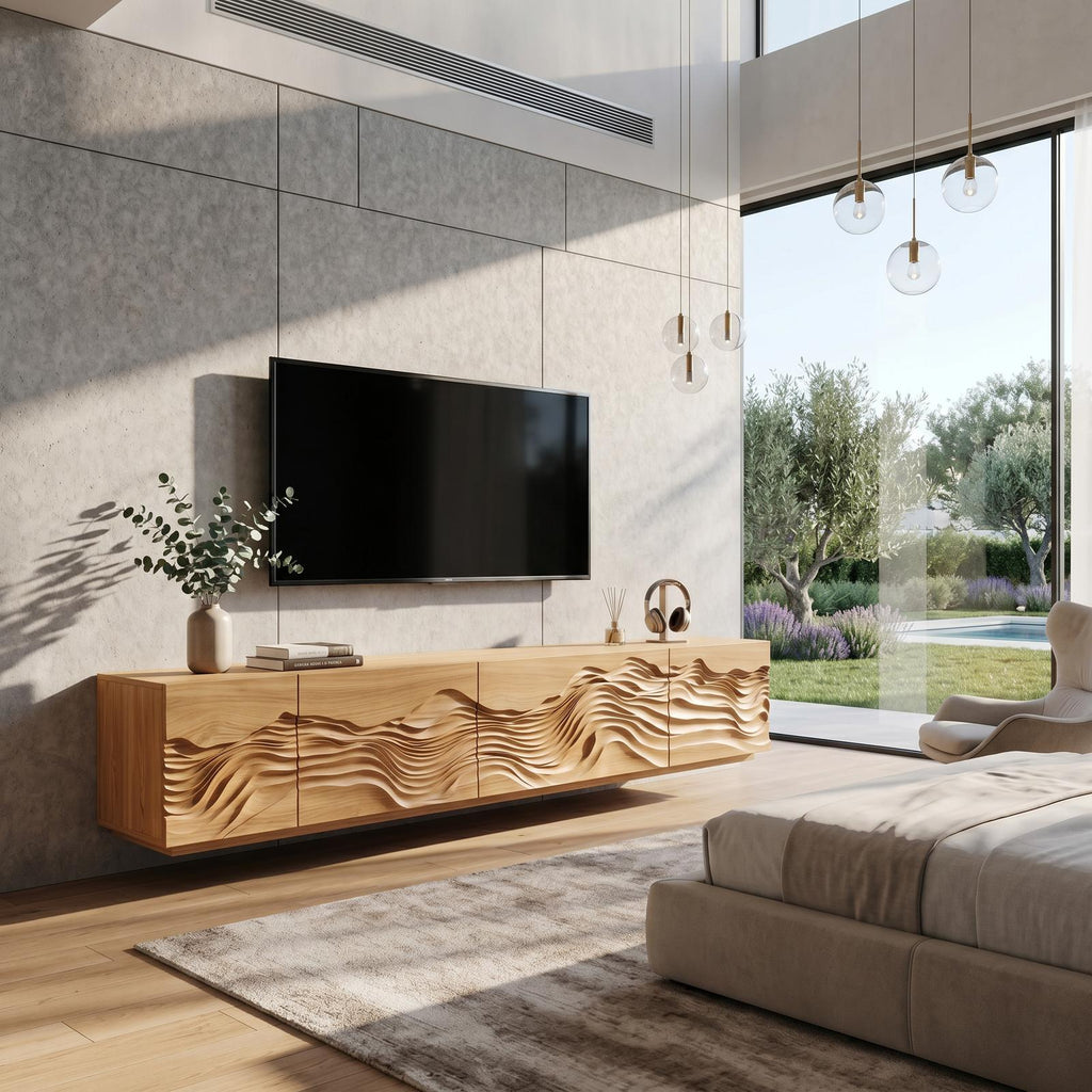 Mid Century Modern TV Stand Table, Handcrafted Solid Wood Media Storage Console for Living Room Entertainment