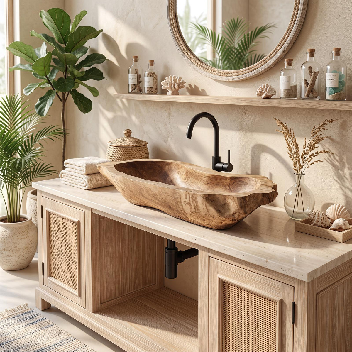 Mid Century Wood Wash Basin For Bathroom Interior Design