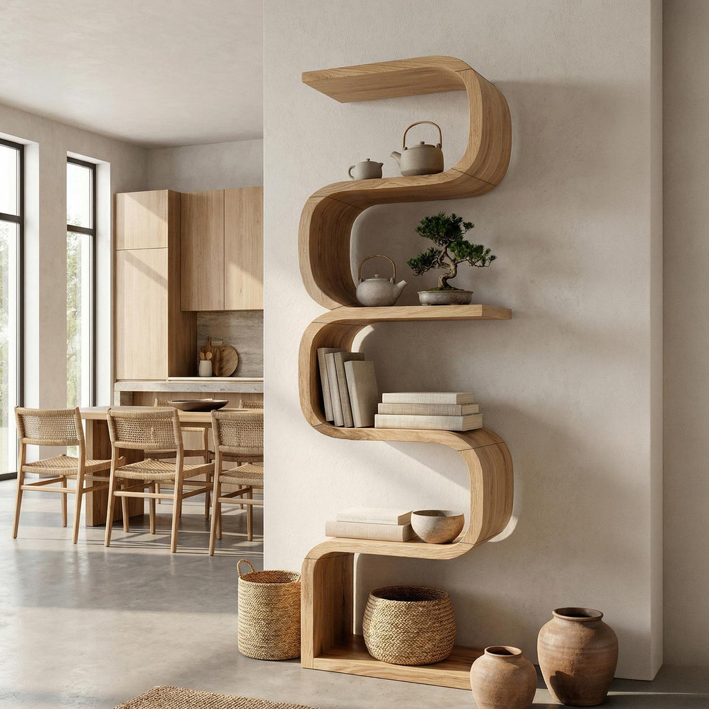 Rustic Farmhouse Wavy Bookshelf, Unique Wooden Bookcase Storage Shelf for Living Room & Bedroom