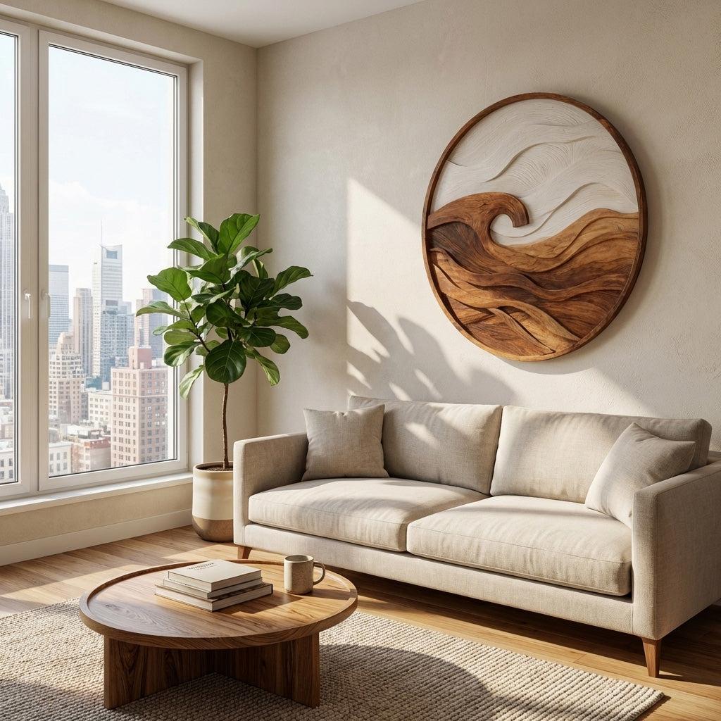 Handcrafted Round Wave Wall Art, 3D Ocean Ripple Carved Wooden Circular Panel for Bedroom & Living Room Decor