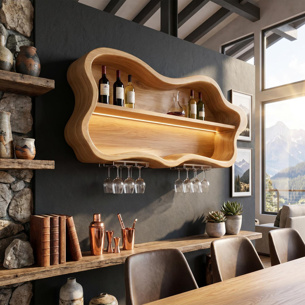 Modern Wood Wine Rack & Glass Holder, Solid Wooden Countertop Bottle Display Stand and Stemware Storage Hanger for Dining Area