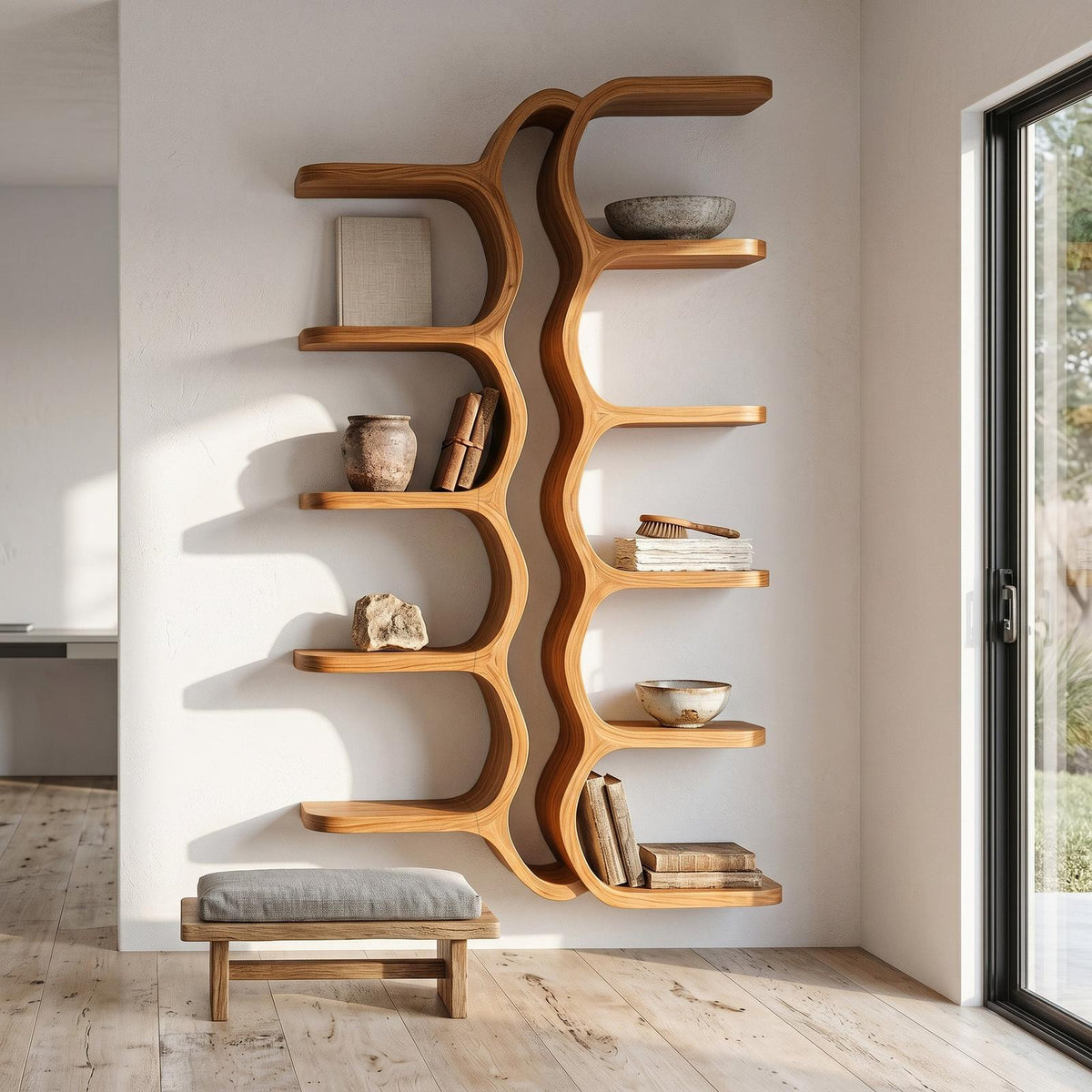 Organic Sculptural Wooden Wall Mounted Floating Shelf, Handcrafted Solid Wood Display for Living Room