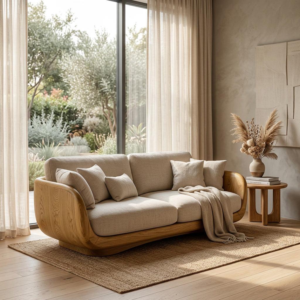 Organic Wooden Sofa with Rounded Edges, Contemporary Timber Loveseat Settee, Minimalist Couch for Living Room