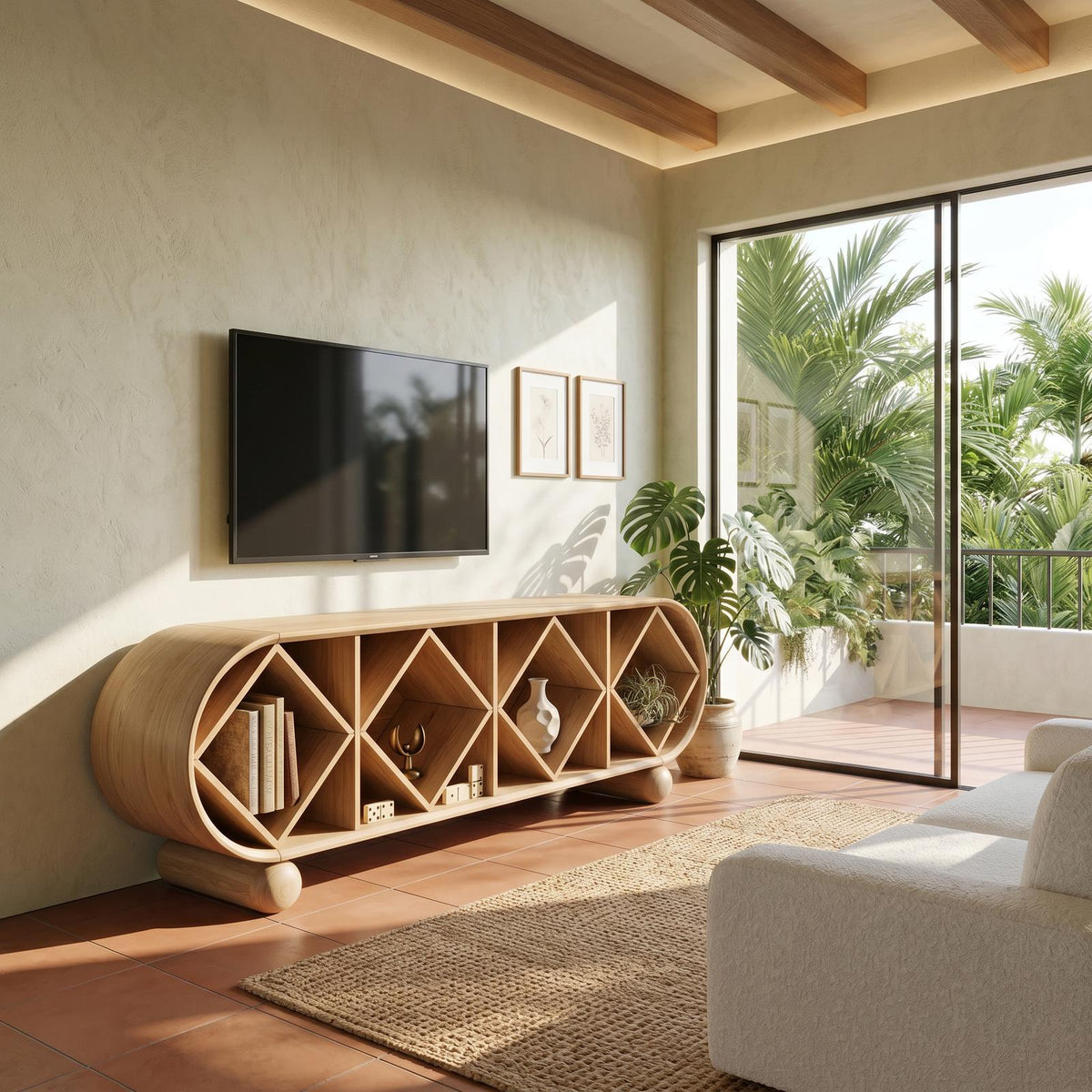 Contemporary Linear TV Console, Sleek Wooden Media Cabinet Sideboard for Living Room