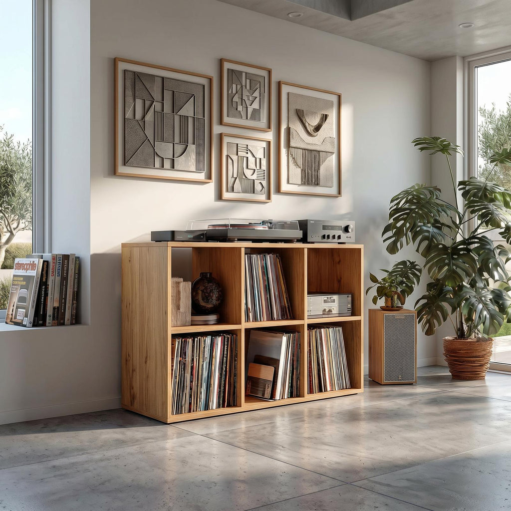 Mid-Century Wood Vinyl Record Storage Cabinet, Handcrafted Retro Turntable Stand with Album Divider Shelf, Model