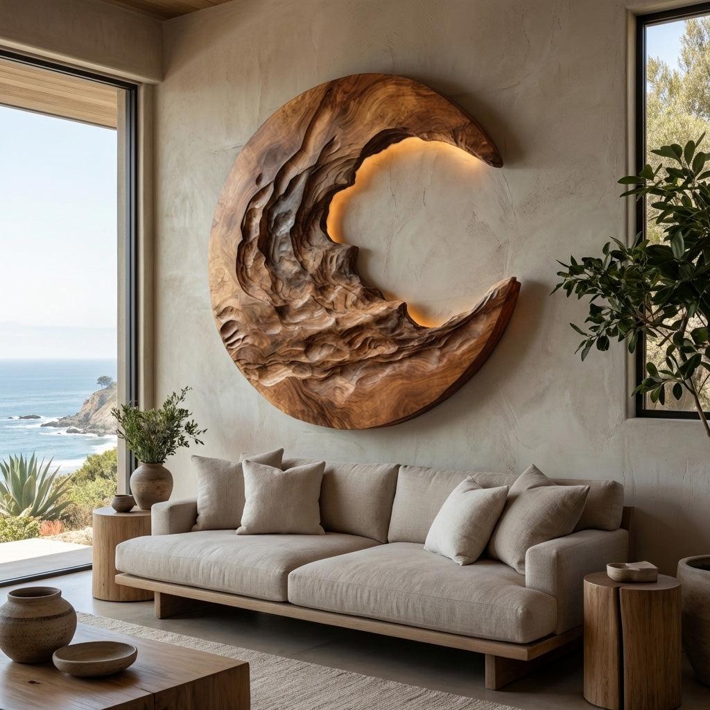 Organic Modern Crescent Wood Wall Art with Light, Lighted 3D Crescent Moon Sculpture for Living Room