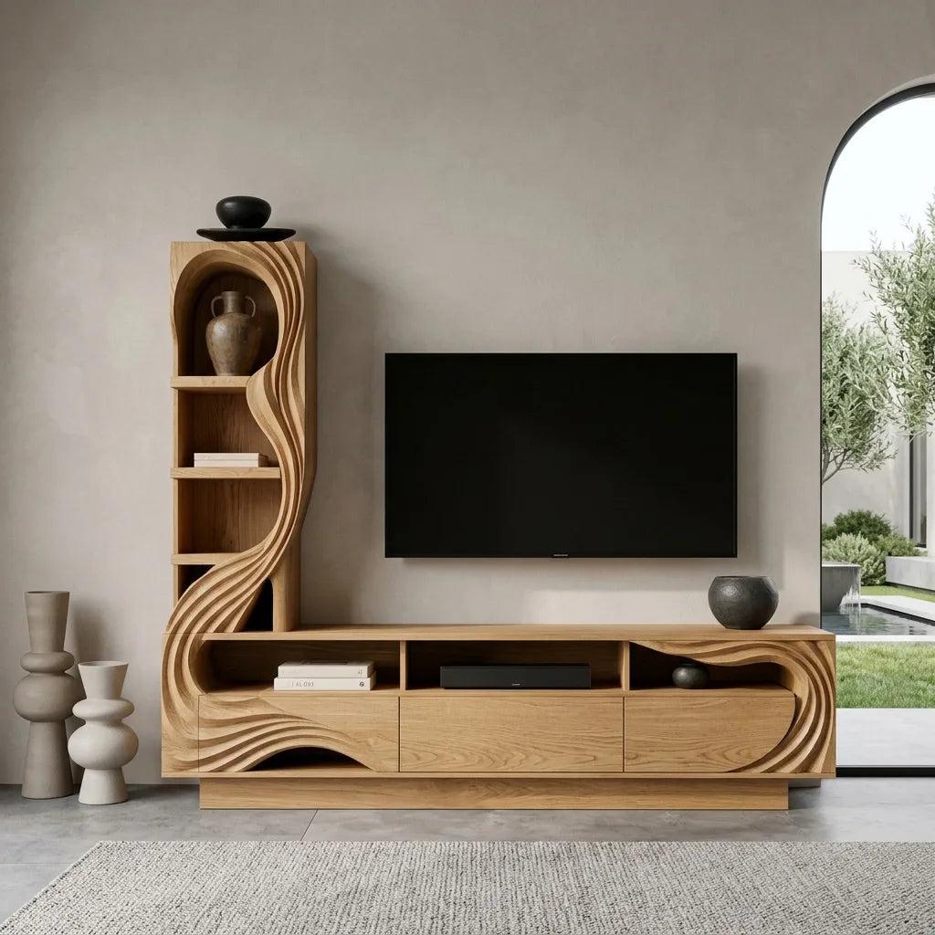 Modern Sculptural Wooden TV Console With Storage For Living Room