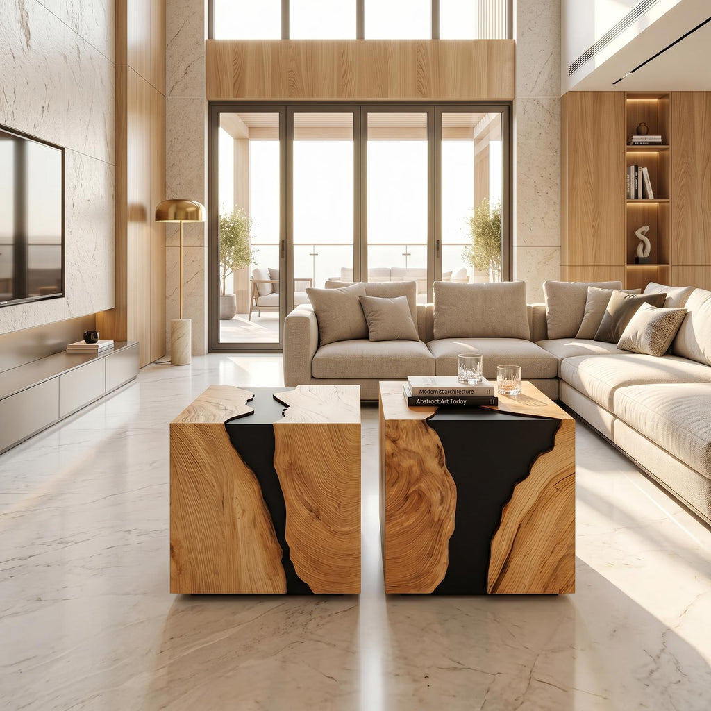Modern Solid Wood Cube Coffee Table, Handcrafted Wooden Block End Side Table & Bedside Nightstand for Home Decor