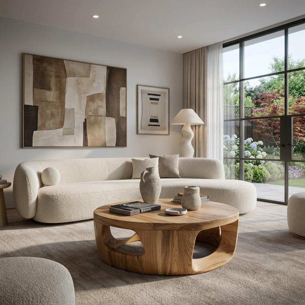 Spry Interior Contemporary Round Wooden Coffee Table with Open Cut Out Base, Modern Minimalist Center Table, Model RTTHHNCF068