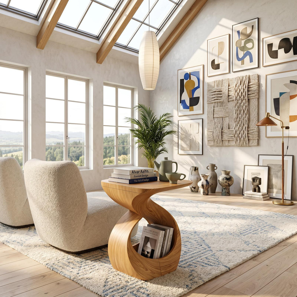 Contemporary Curved Wood End Table, Unique Living Room Accent Side Table for Apartments