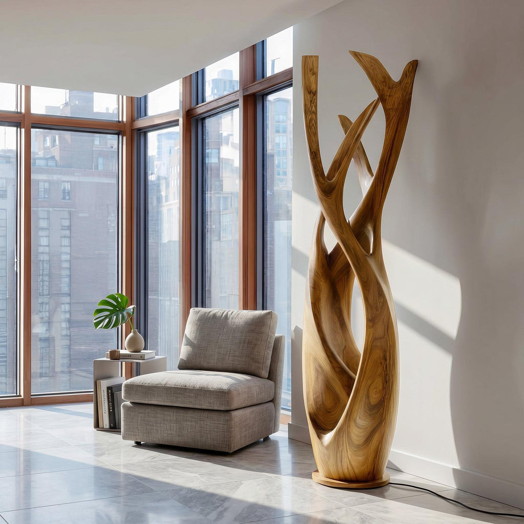 Wooden Floor Lamp, Modern Minimalist Solid Wood Standing Light with Shade for Contemporary Apartment, Model