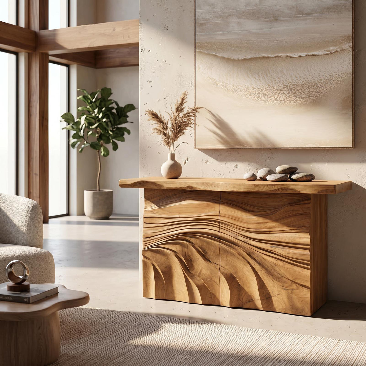 Mid Century Carved Entry Table For Luxury Interior Space