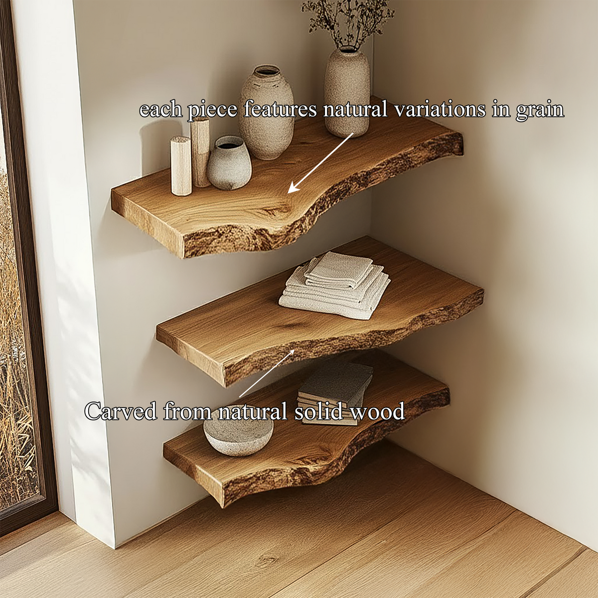 Rustic Sculptural Solid Wood Corner Floating Shelves, Handcrafted Art Display L-Shelf for Statement Wall Decor