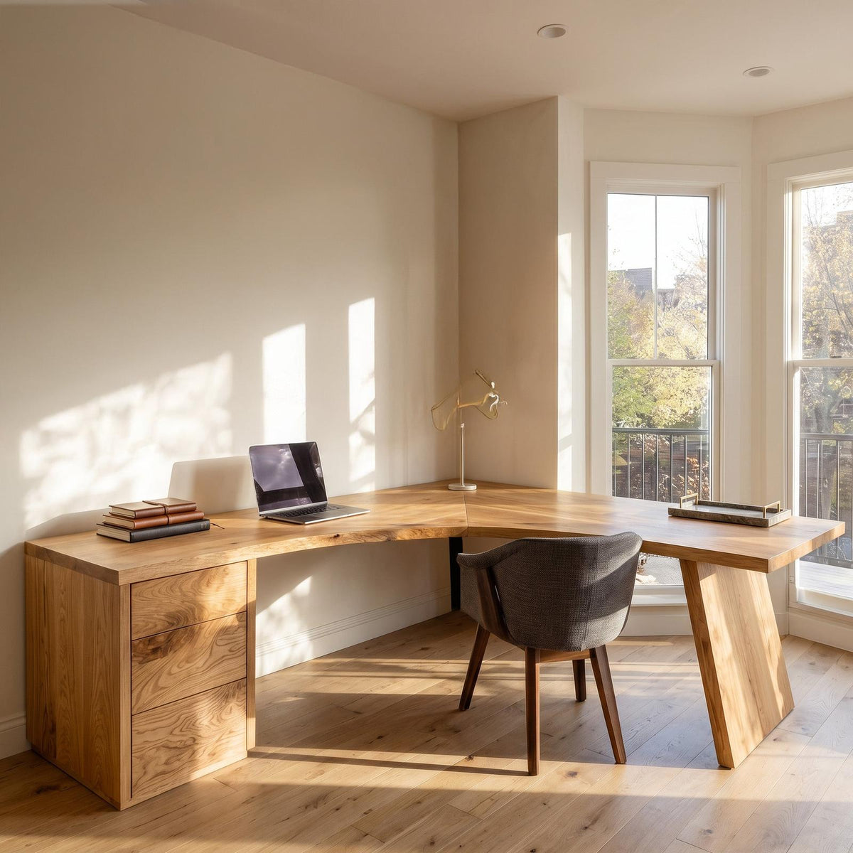 Rustic Wooden L-Shaped Desk For Bright Study Room