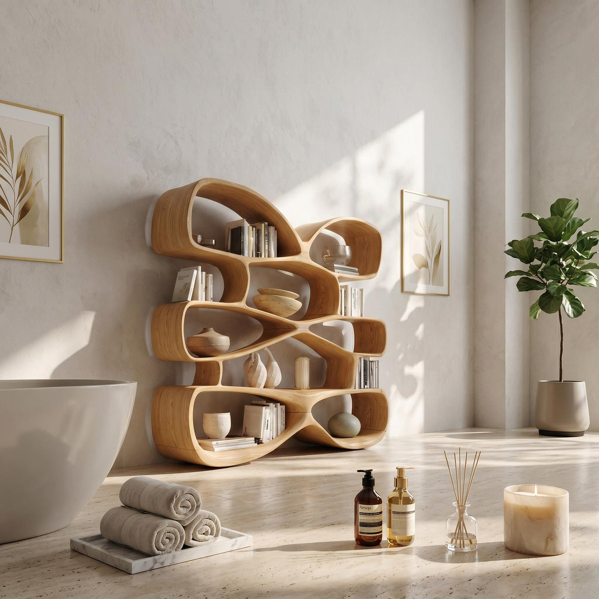 Contemporary Biomorphic Wooden Bookshelf In Fluid Design SILDTTRBS049
