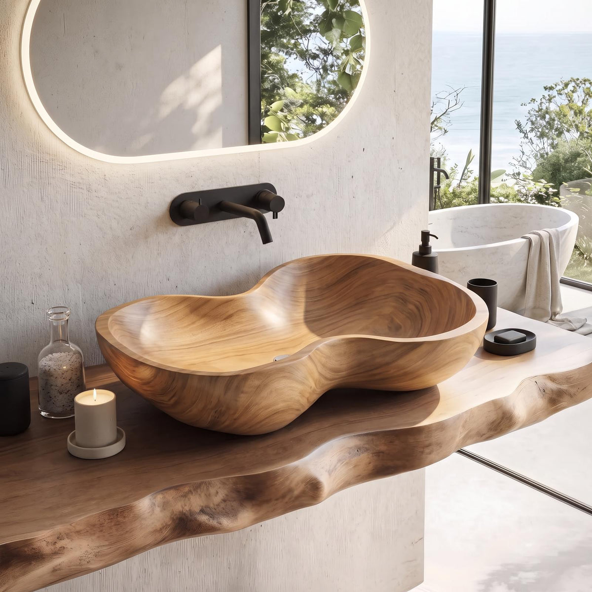 Rustic Wooden Vessel Sink, Handcrafted Natural Wood Bowl Wash Basin for Eco-Friendly Modern Bathroom Vanity