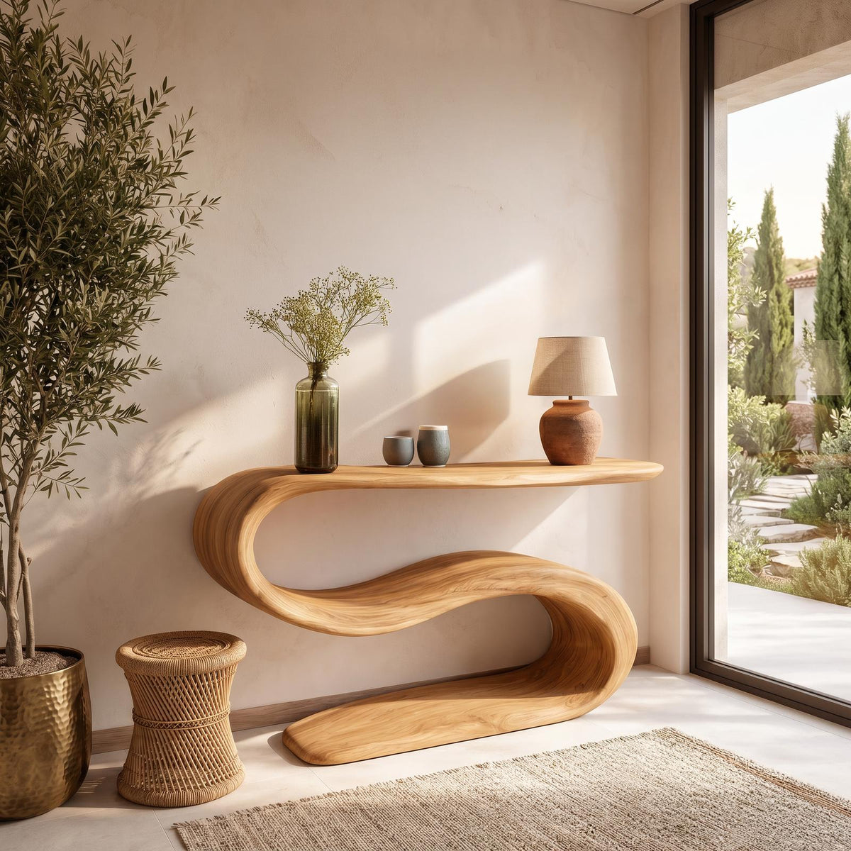 Organic Wooden Console Table With Sculptural Undulating Base For Living