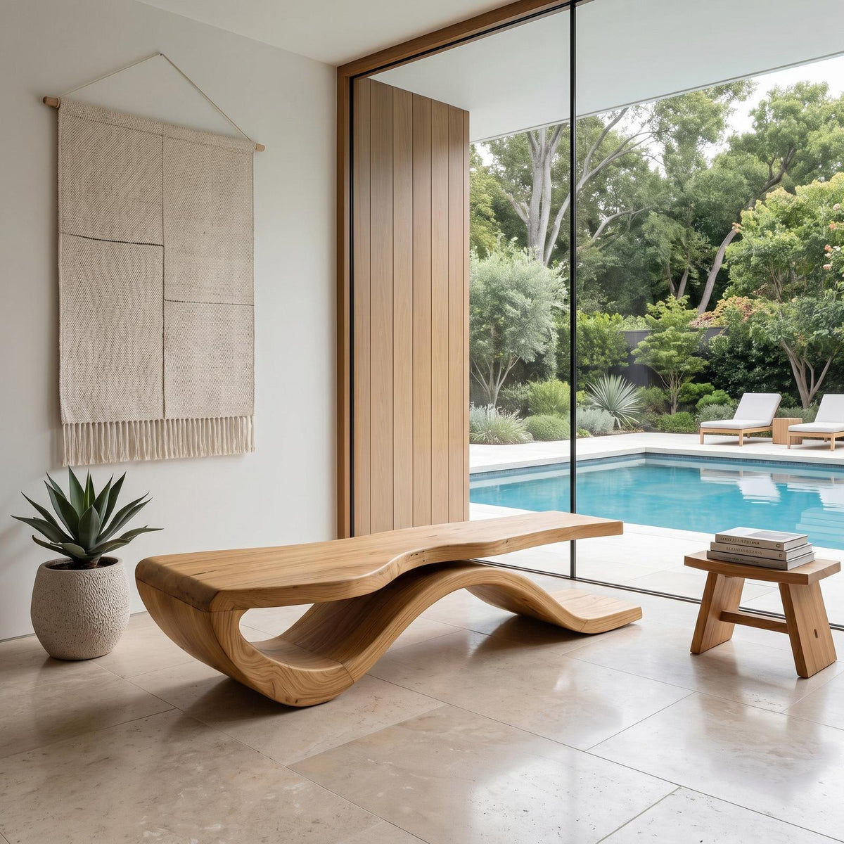 Modern Wave Base Wooden Bench For Entryway