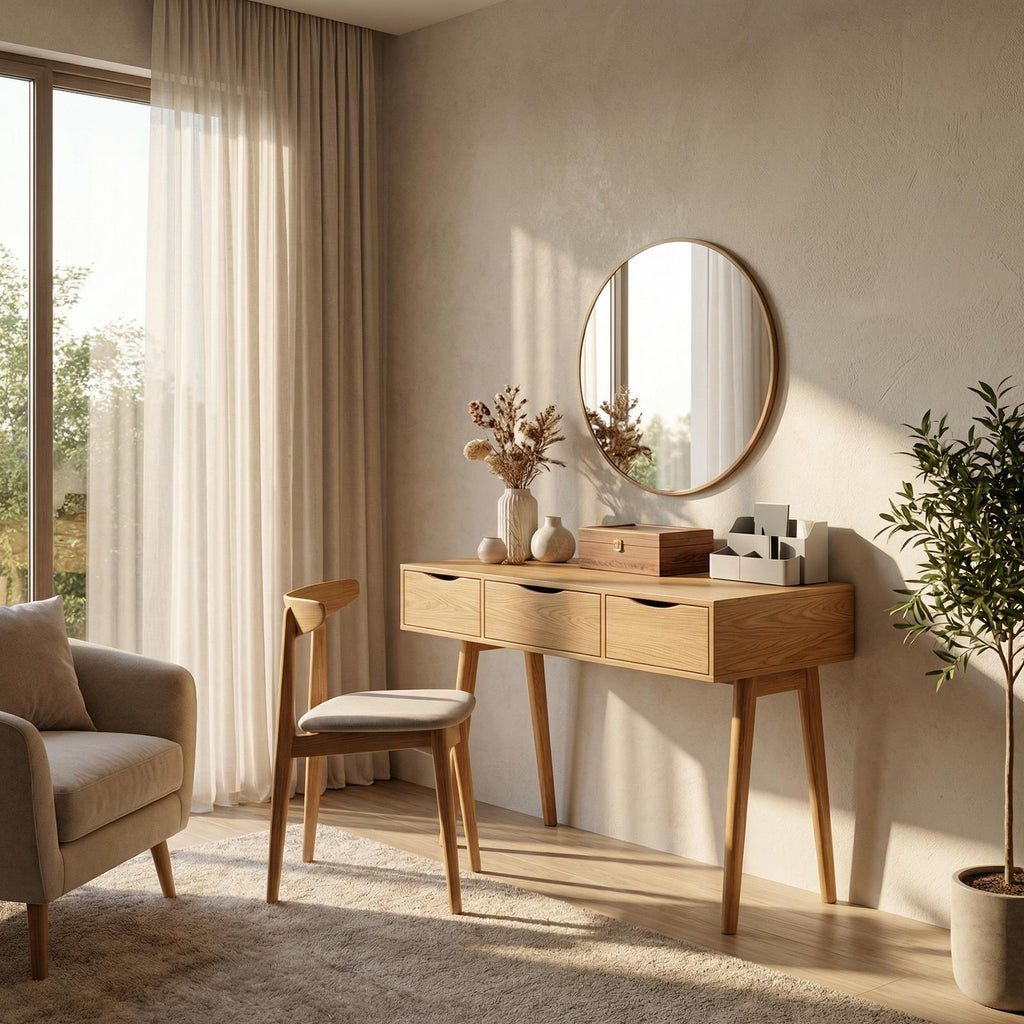 Spry Interior Boho Solid Wood Vanity Table, Handcrafted Compact Makeup Dressing Desk & Writing Console for Small Apartment Bedroom, SILDTTRMV025