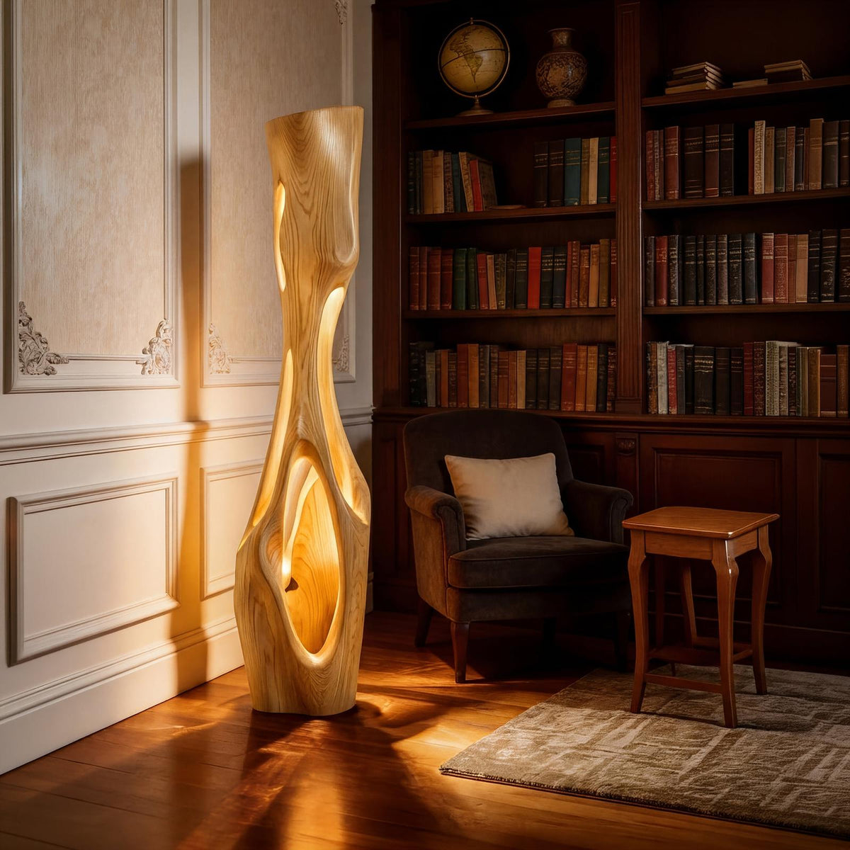 Spry Interior Modern Sculptural Wood Table Lamp, Handcrafted Geometric Ambient Lighting Accent for Bedroom & Living Room Corner, SILDTTRLAM001