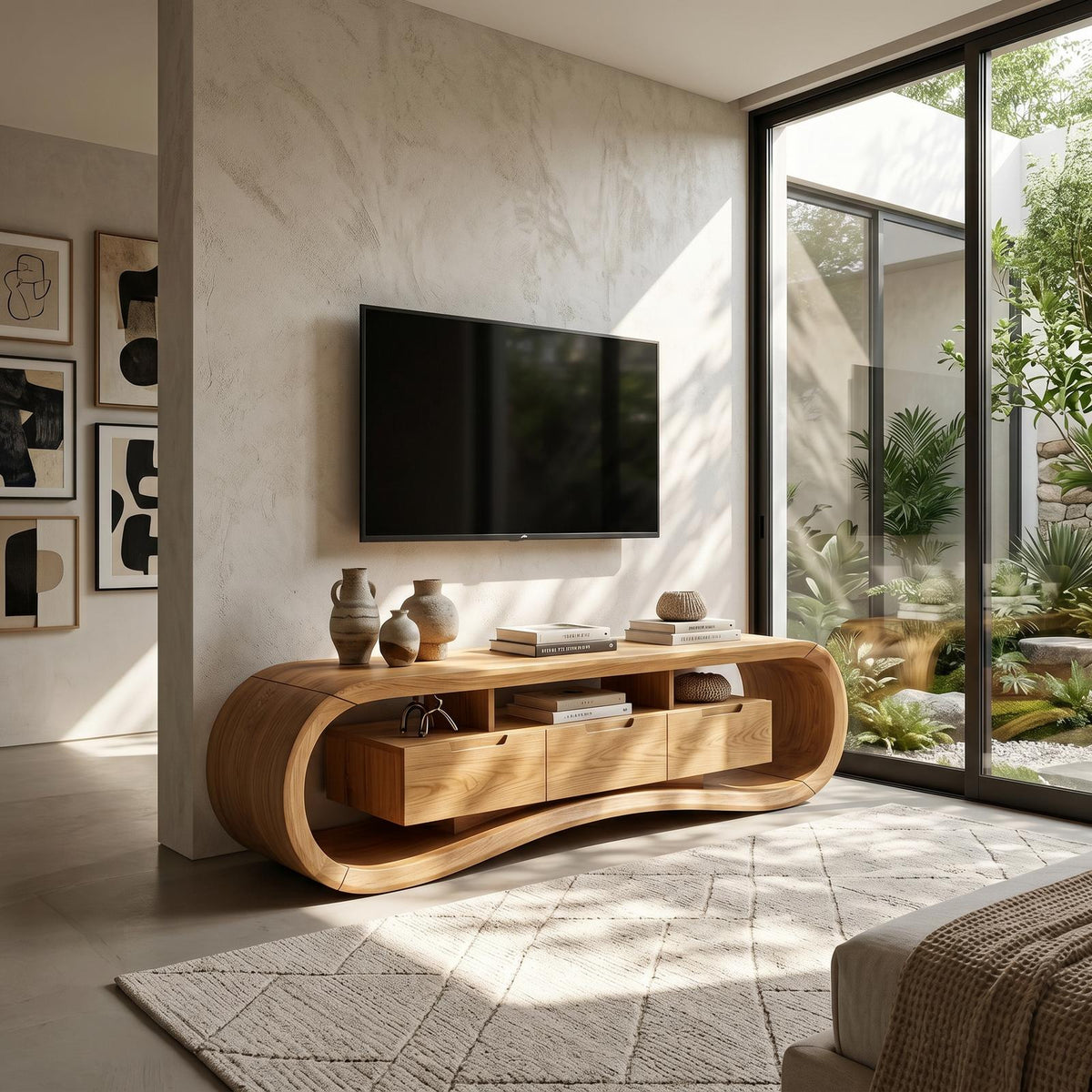 Modern Sculptural TV Stand Console, Handcrafted Solid Wood Media Center Cabinet for Minimalist Luxury Living Room