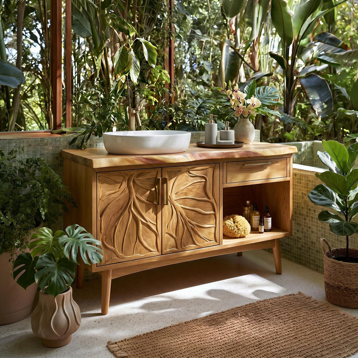 Tropical Wooden Vanity Cabinet with Carved Doors, Handcrafted Solid Wood Spa Bathroom Storage Console