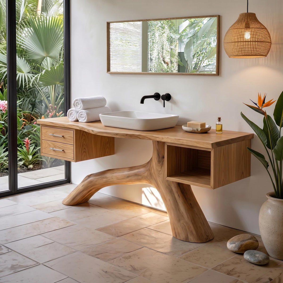 Tropical Double Sink Wood Vanity with Storage, Handcrafted Solid Wooden Cabinet for Luxury Resort Bathroom