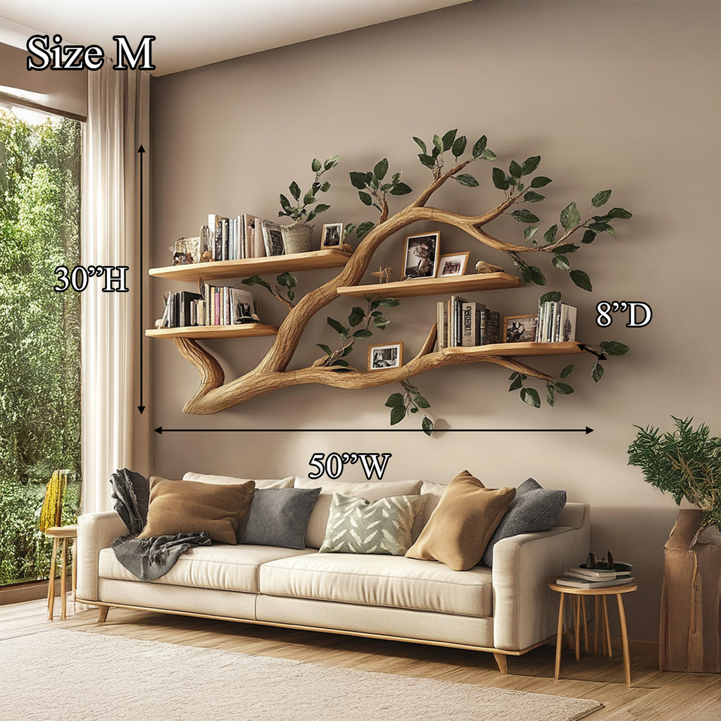 Rustic Wall Mounted Branch Bookshelf, Solid Wood Hanging Floating Bookcase & Decorative Display for Living Room Storage