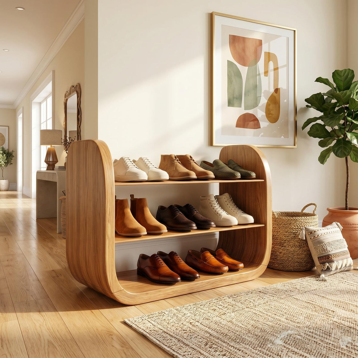 Japandi Vertical Wooden Shoe Storage Rack, Slim Space Saving Wood Shoe Organizer Stand for Entryway Nook & Hallway Placement