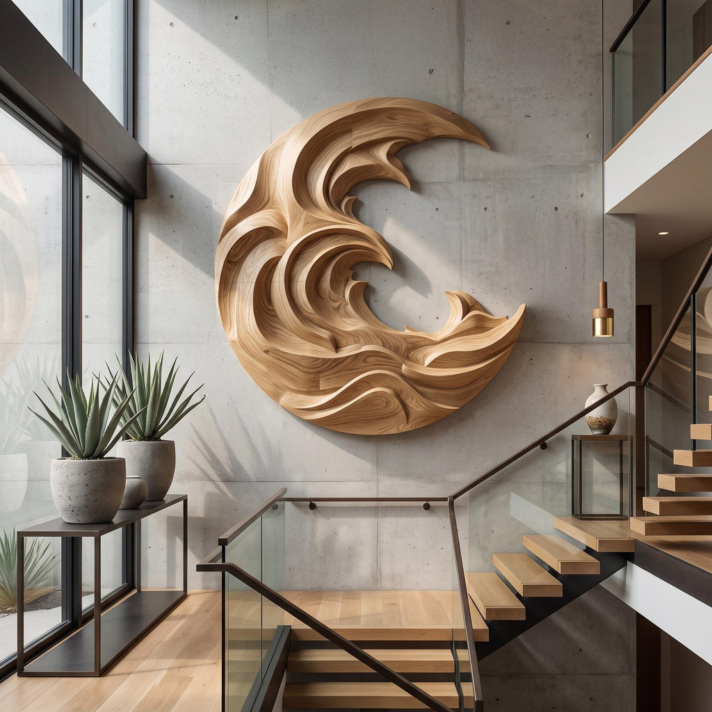 Organic Modern Wood Wave Wall Art, 3D Fluid Hand-Carved Coastal Wood Sculpture Panel for Living Room Decor