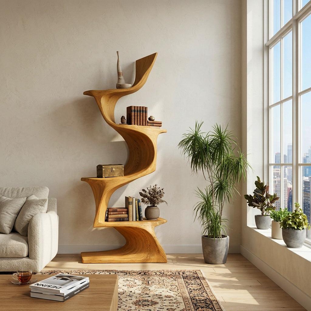 Organic Modern Natural Wood Bookshelf, Handcrafted Solid Wood Corner Bookcase for Living Room & Office Decor