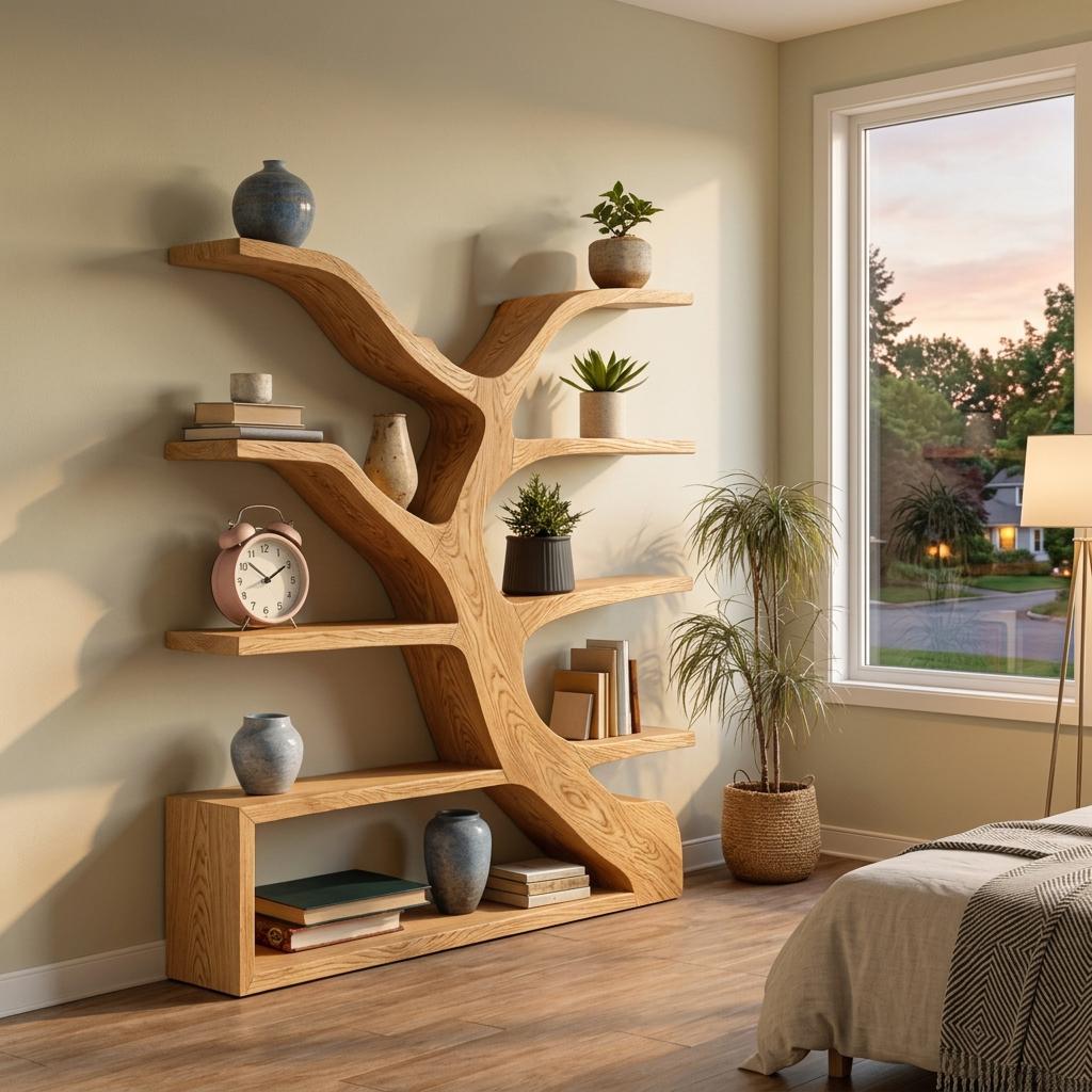 Organic Wooden Bookshelf with Branch Form, Handcrafted Solid Wood Bookcase for Living Room & Office Display