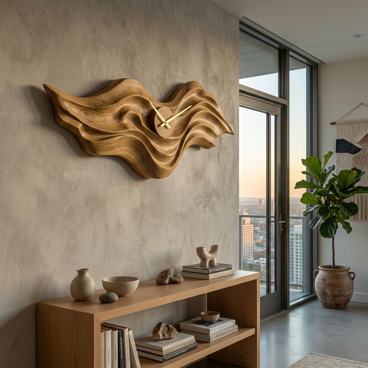 Organic Wood Wall Clock With Wave Sculpture For Living Interior