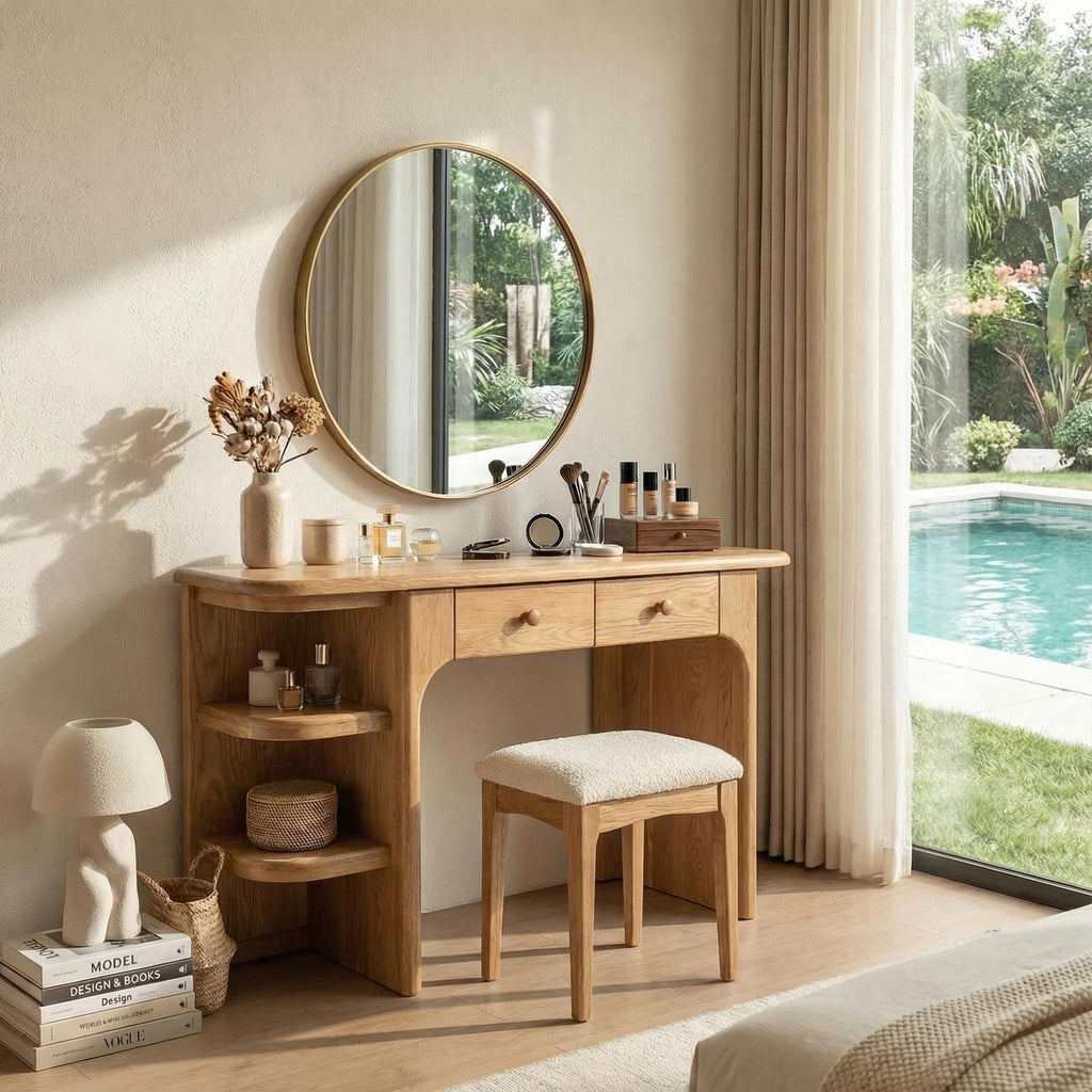 Spry Interior Rustic Dressing Table, Natural Solid Wood Makeup Vanity Desk with Drawers for Bedroom, SILDTTRMV007