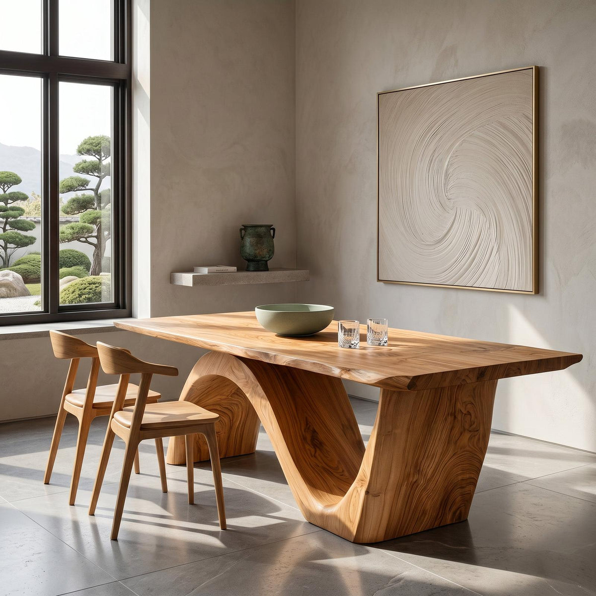 Contemporary Curved Base Wood Dining Table For Dining Area