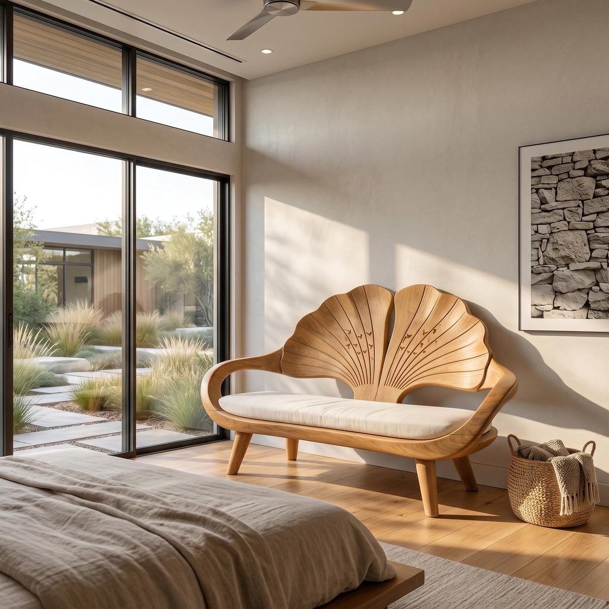 Minimalist Ginkgo Leaf Backrest Bench, Solid Wood Reading Nook Accent Seating & Bedroom Lounge Bench, Natural