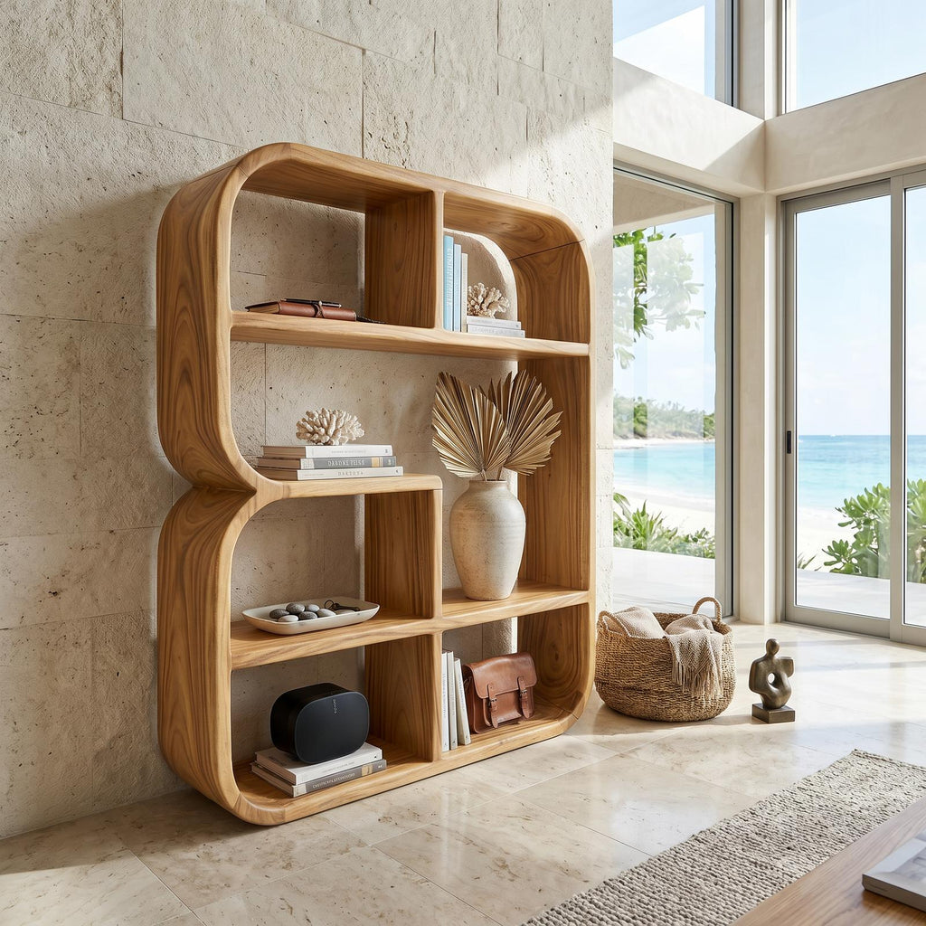 Modern Curved Wooden Bookshelf In Coastal Style