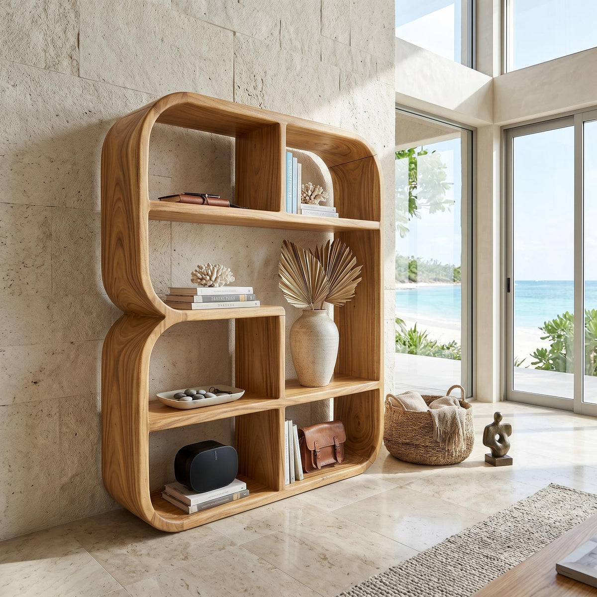 Modern Curved Wooden Bookshelf In Coastal Style